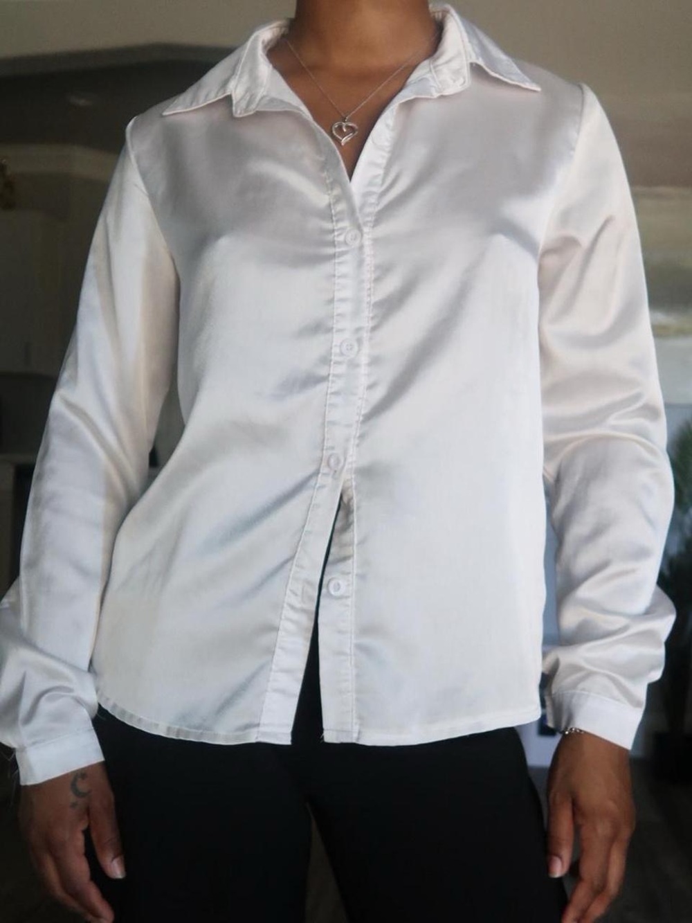 SHEIN White Satin Button-Down Shirt